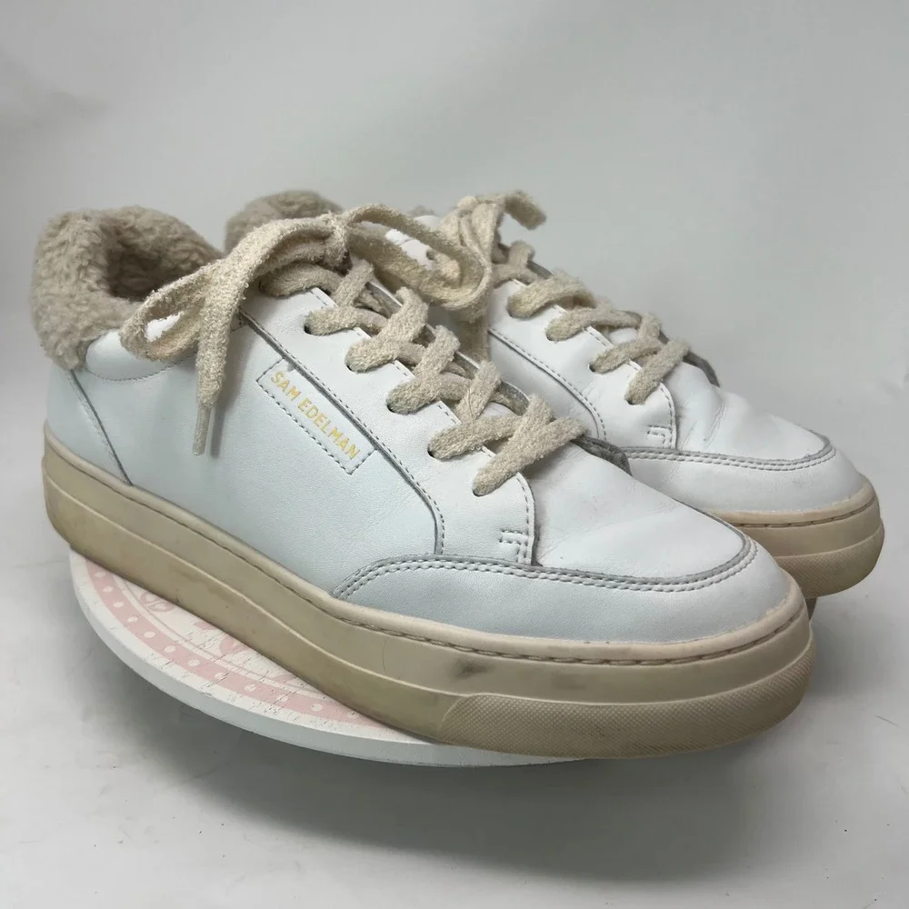 SAM EDELMAN Wess Sneaker Women 10 White Leather‎ Faux Shearling Platform Low Top
